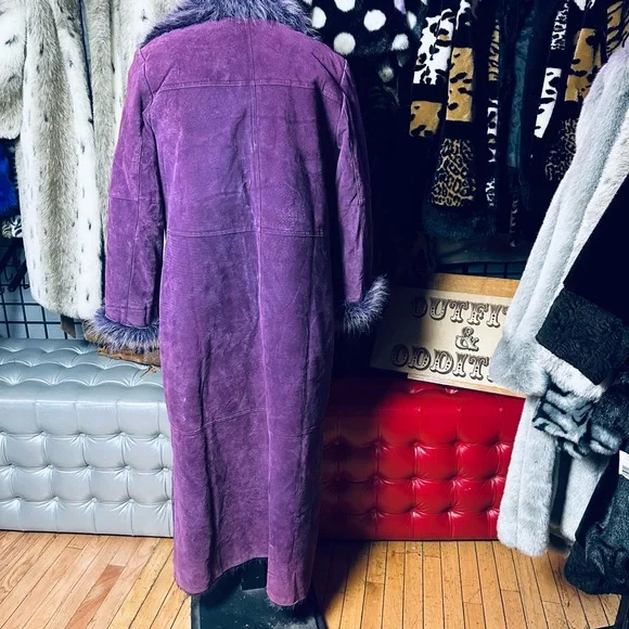 Newport News Vintage 80s PURPLE Suede Leather Faux Fur Lined Trench Coat - Picture 3 of 3